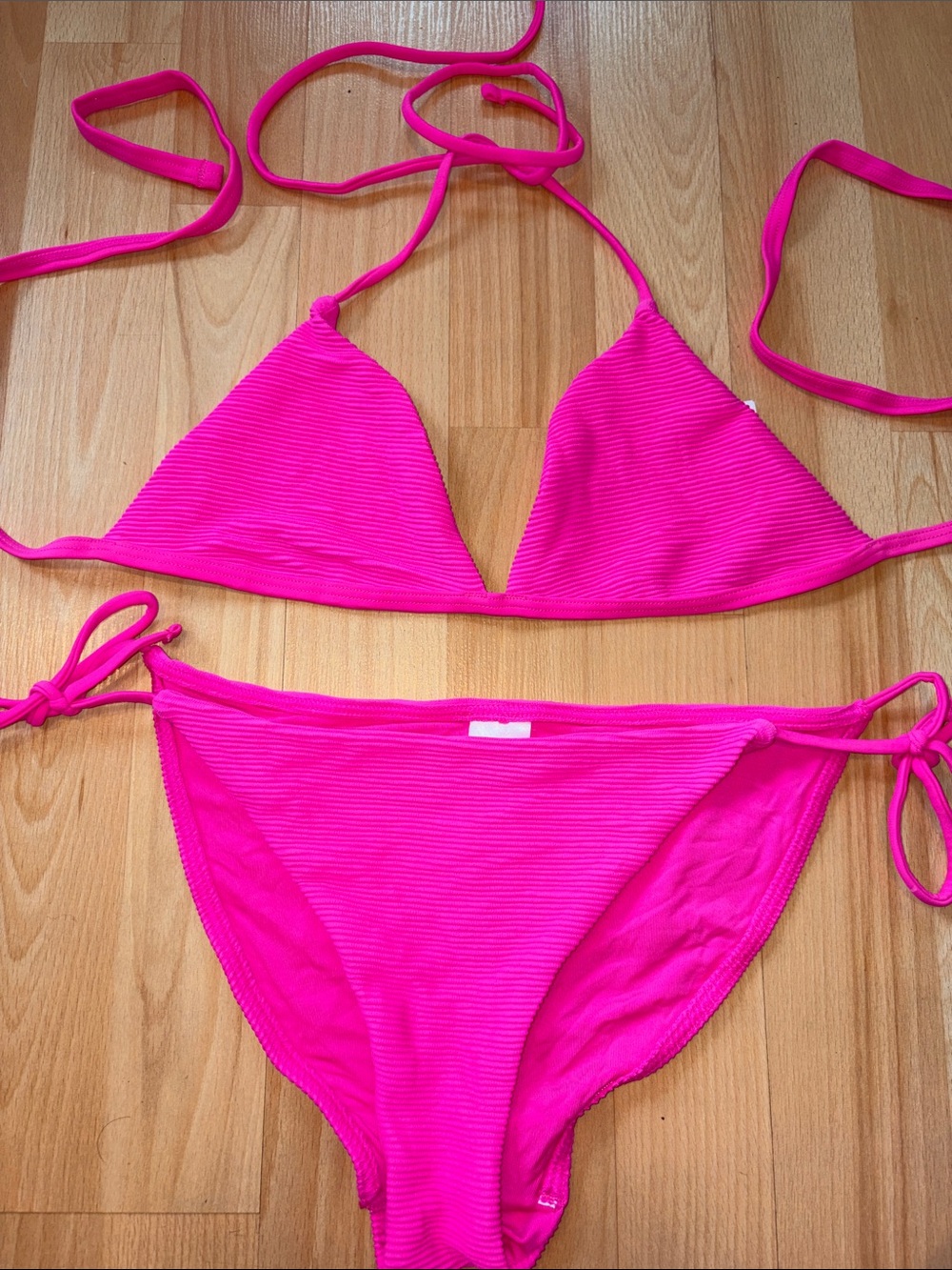 Topshop Neon Pink Ribbed Triangle Bikini Set